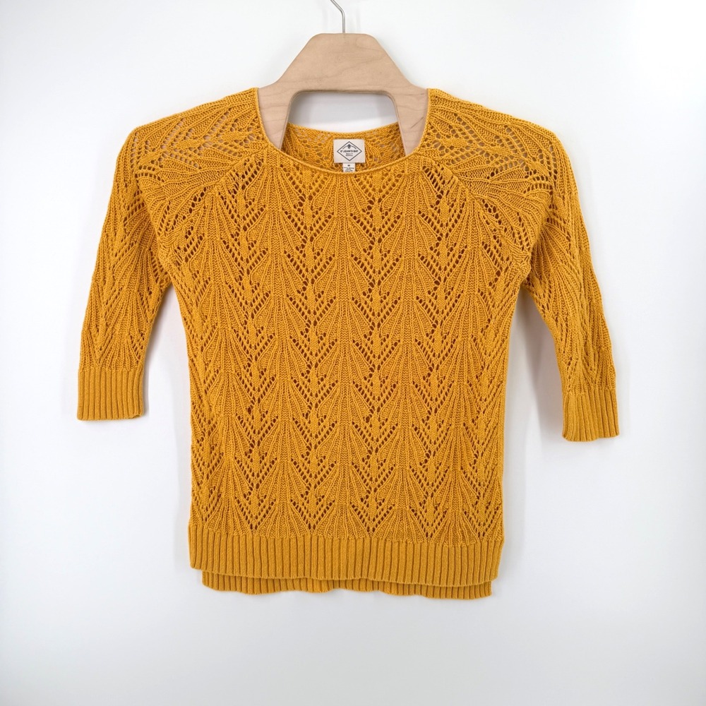 St. John's Bay Pointelle Knit Sweater Size M Ramie Cotton Mustard Yellow Boho